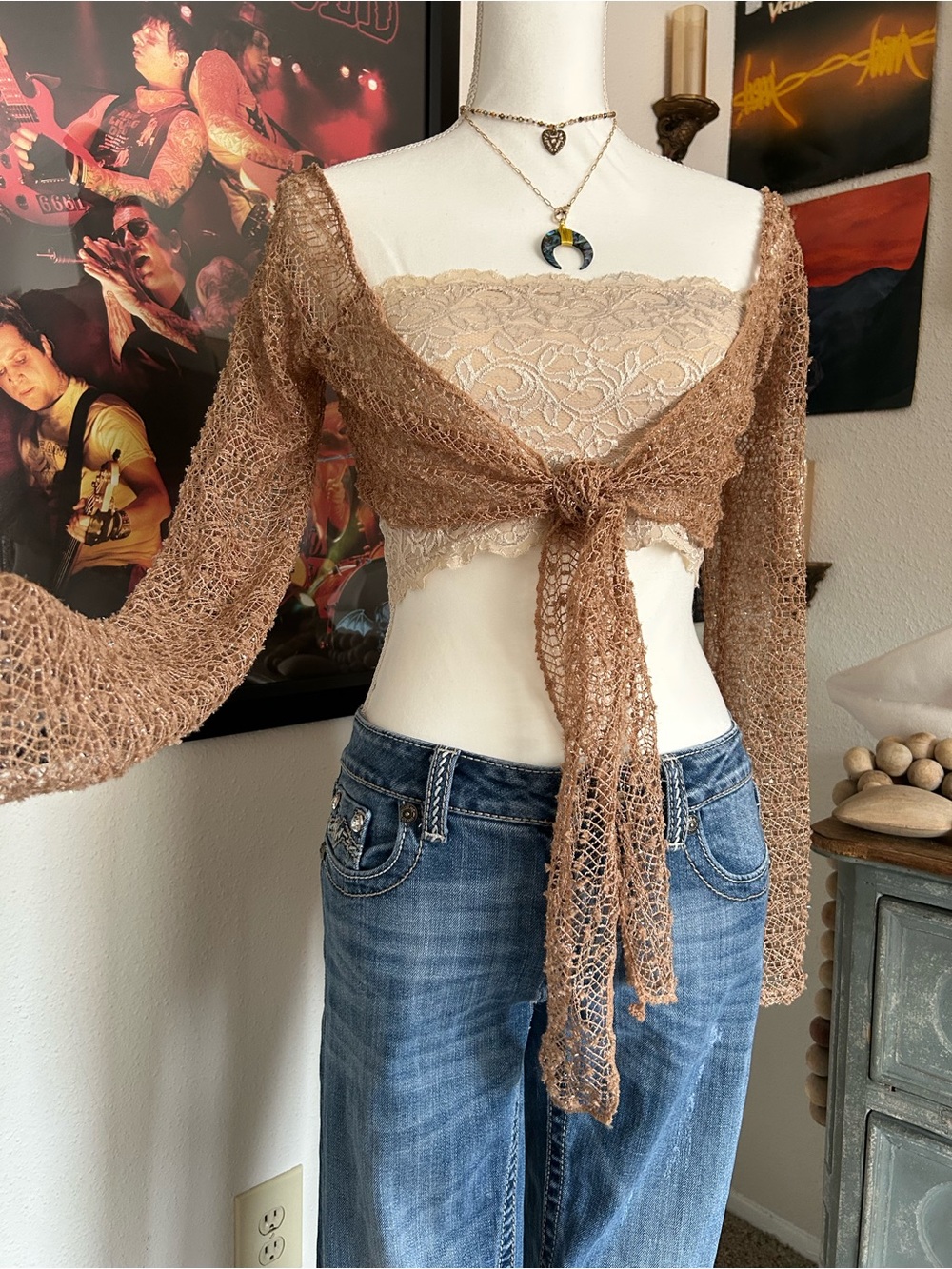 Y2K Crochet Shrug Bolero Small Tie Front Bell Sleeve Glitter Fairy Dainty Slinky